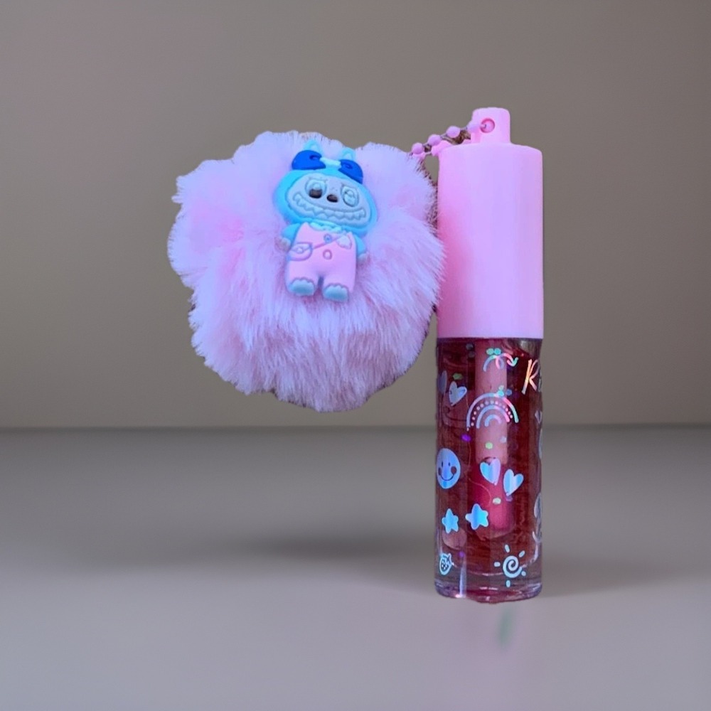 Girls Lip-gloss Keychain Faux Fur Pom Pom Character Charm Misc Colors